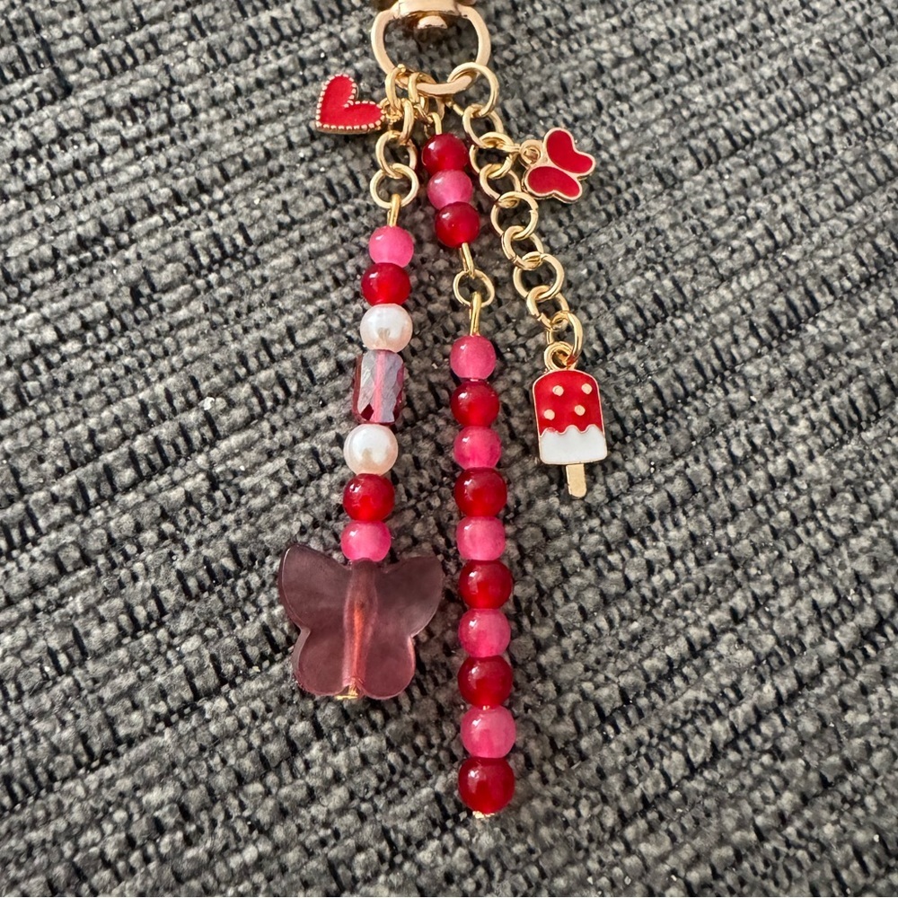 Cute Red Beaded Bag Charm Keychain with Popsicle, Butterfly and Heart Charms - Picture 2 of 2